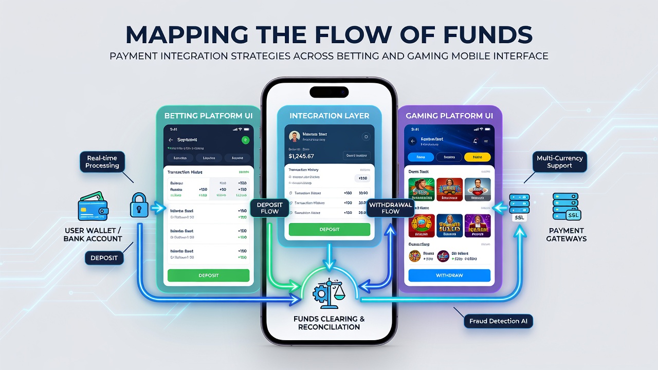 Infographic over integratiestrategieën voor betalingsstromen in gaming apps met focus op beveiliging en compliance